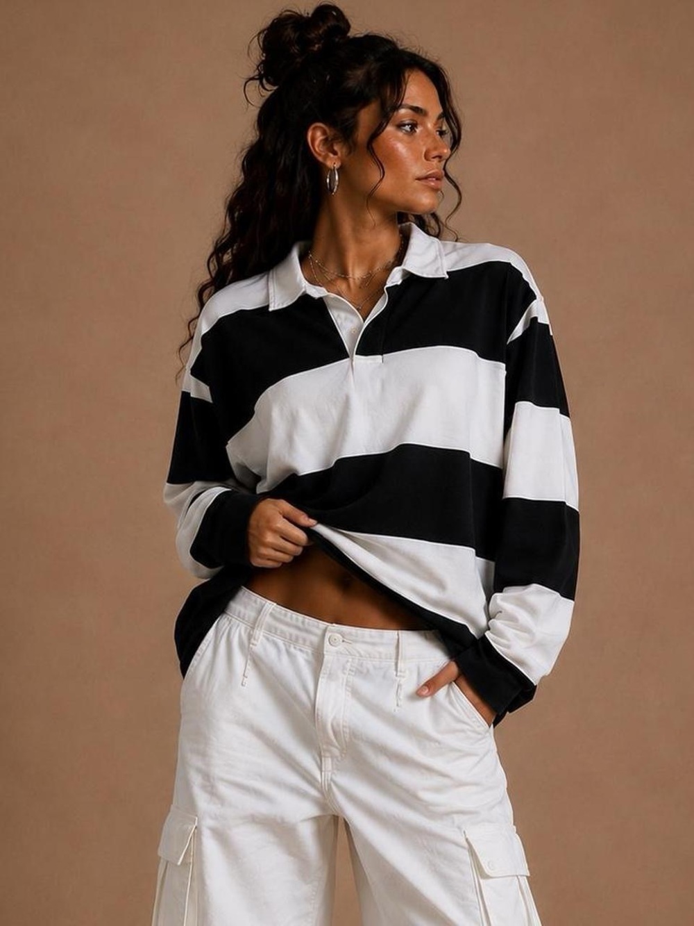 ZARA NWT Black White Striped Rugby Shirt Collared Long Sleeve Size Medium - Picture 3 of 6